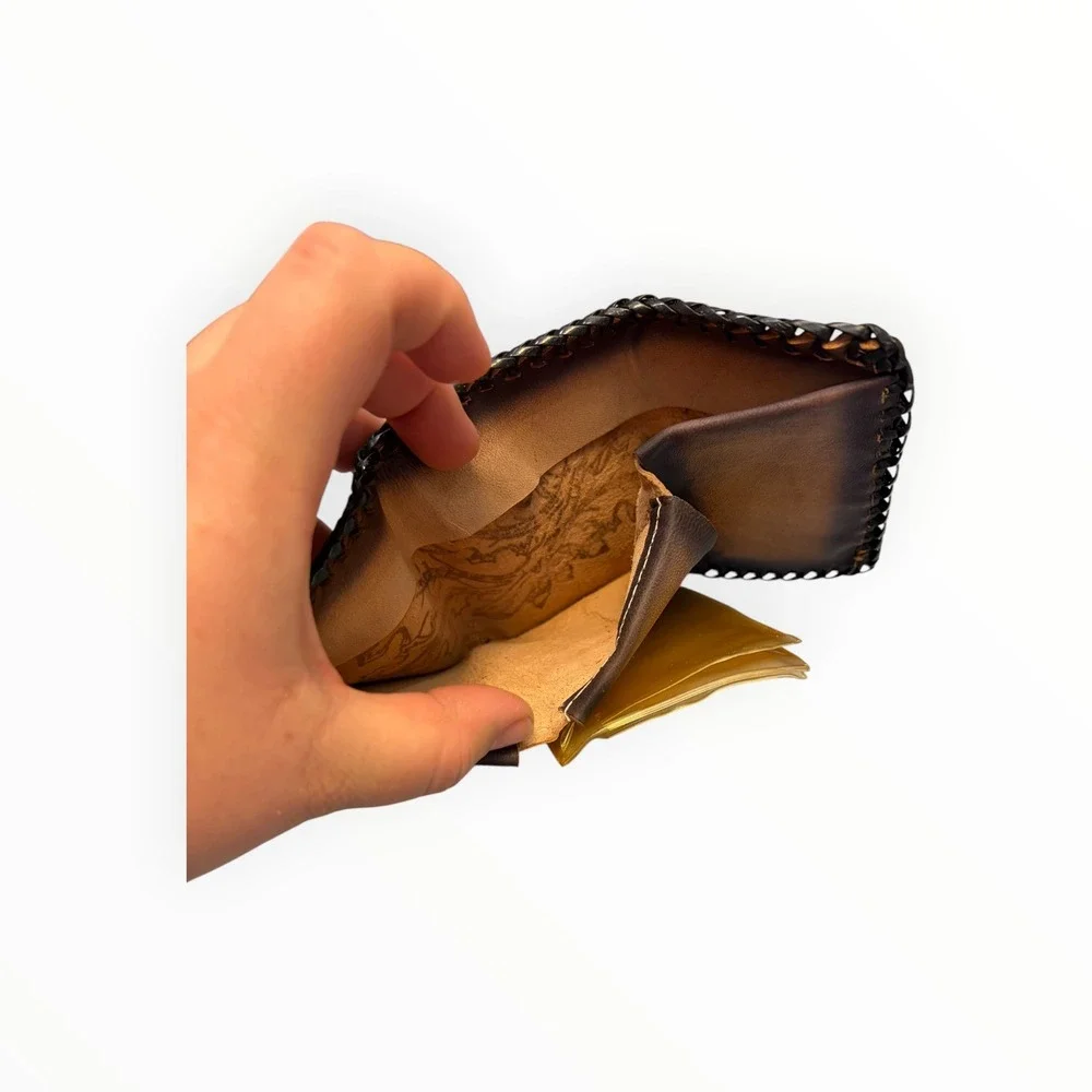 Vintage Hand Tooled Leather Trifold Wallet Oak Leaf Acorn Whipstitch Brown